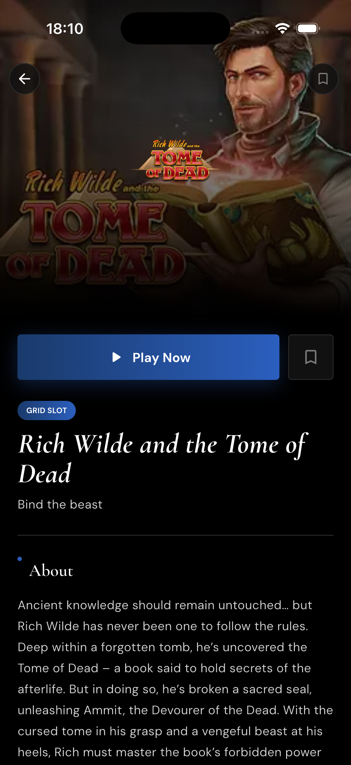 Game details screen